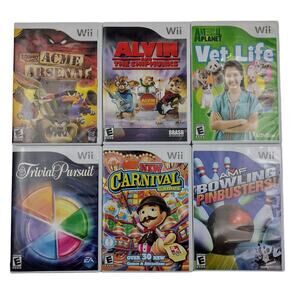 Wii 6 Game Lot Looney Tunes Carnival Games Trivial Pursuit Vet Life Bowling